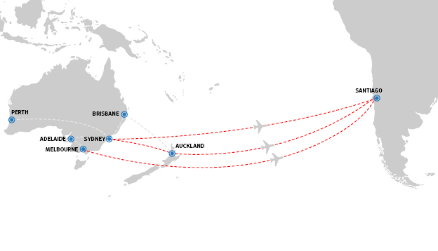 QANTAS flight path Sydney Melbourne to Santiago QANTAS flight path Sydney Melbourne to Santiago