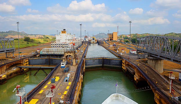The first lock of the Panama canal from the Pacific ocean. The first lock of the Panama canal from the Pacific ocean.