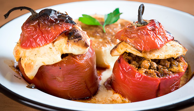 Rocoto relleno, traditional stuffed peppers on a plate Rocoto relleno, traditional stuffed peppers on a plate