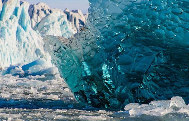 blue hued icebergs in Antarctica