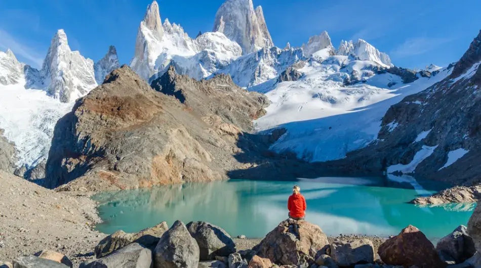 Blue lagoon at the base of Mount Fitzroy, Patagonia
