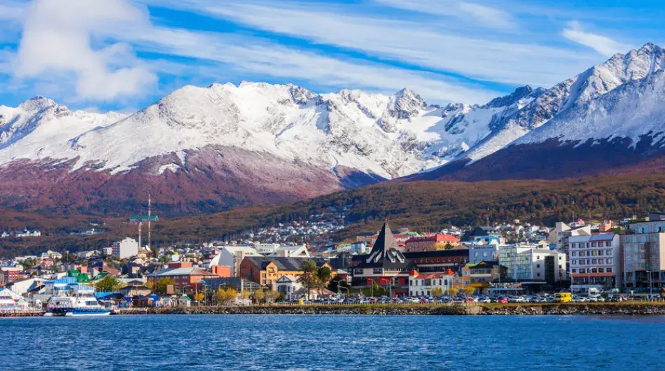 Ushuaia panoramic city view with snowy mountains behind