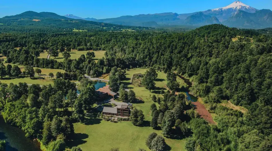 Vira Vira hotel aerial view with volcano in background