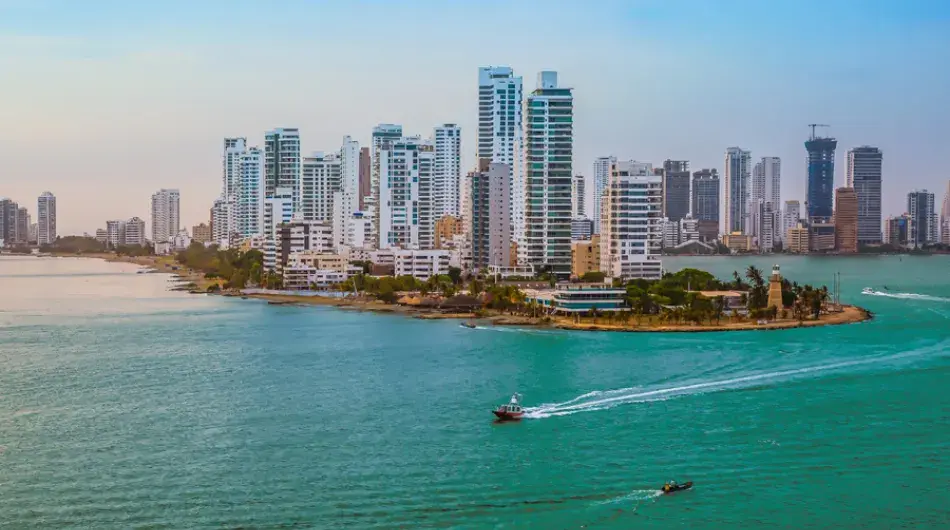 Cartagena panoramic city view with turquoise water and blue sky