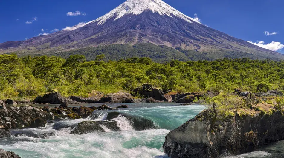 Osorno volcano with petrohue rapids