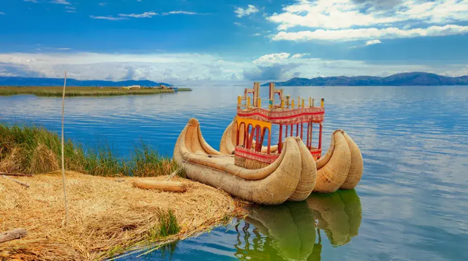 Reed Boat and Island, Lake Titicaca, Peru