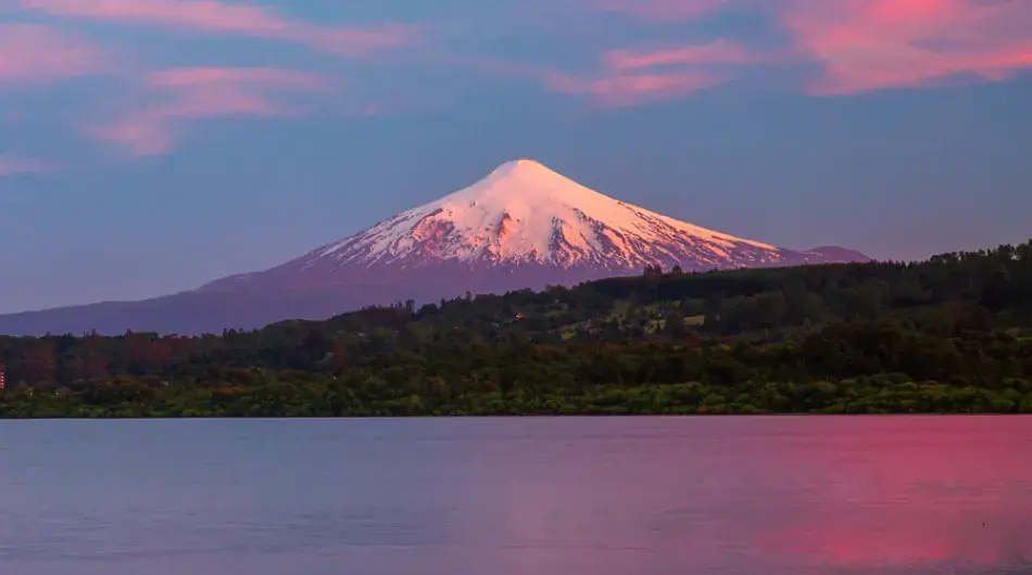 Villarica volcano pink sunset