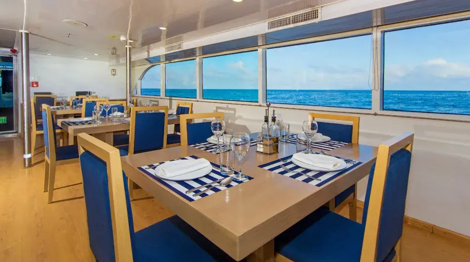 Dining room onboard Calipso Galapagos ship 