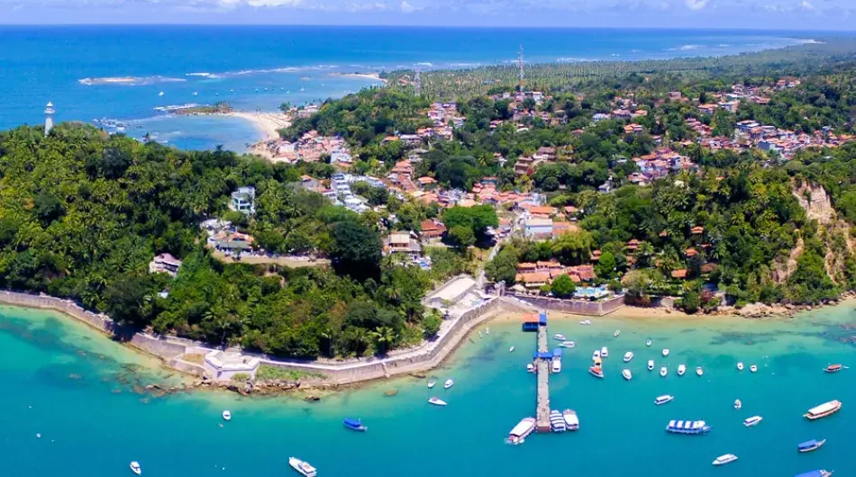 Morro de Sao Paulo Aerial view turquoise water with boats
