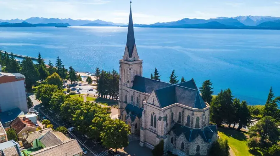 Bariloche town main church with nahuel huapi lake view
