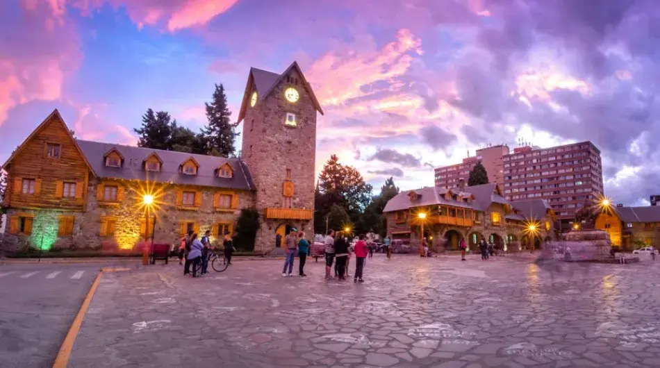 San Carlos de Bariloche main square with purple sunset