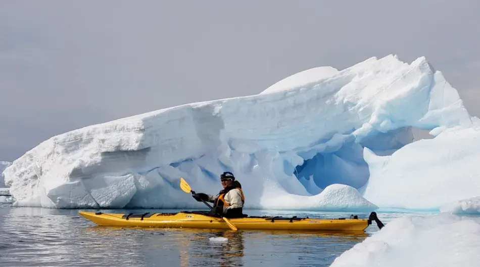 kayaking among icebergs in Antarctica on expedition cruise 