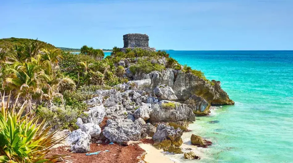 Mayan Ruins on shoreline in Cancun Mexico