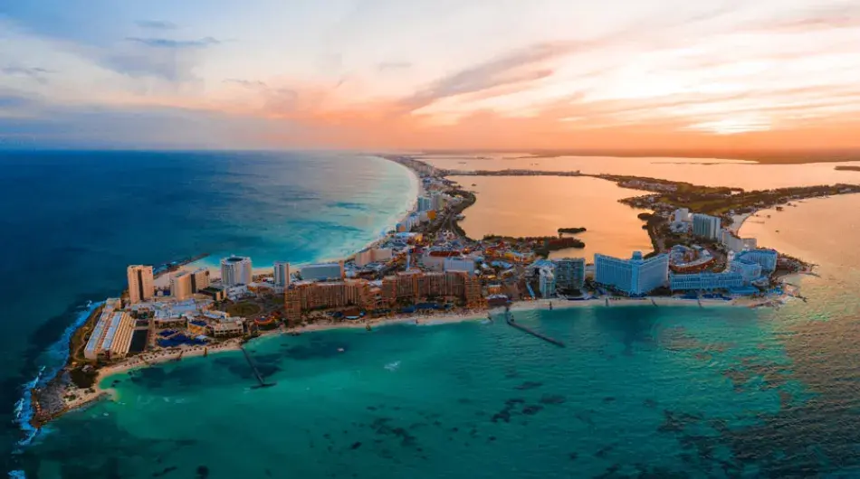Sunset aerial of Cancun Mexico