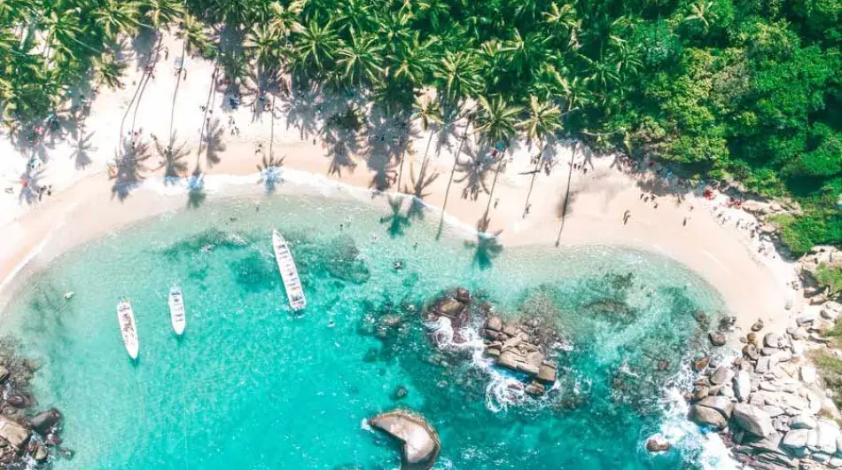 Tayrona national park tourist beach aerial view taken from drone