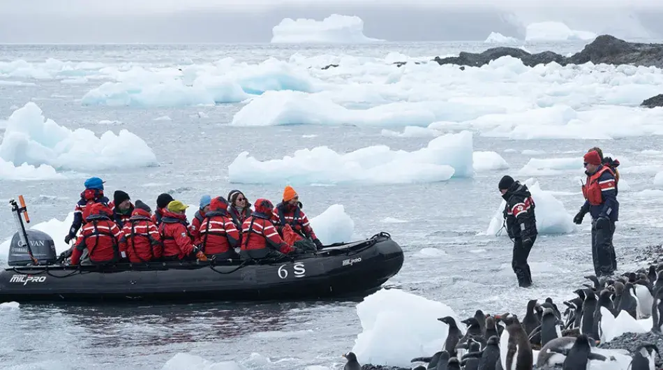 Zodiac landing at Brown Bluff in Antarctica with penguins 