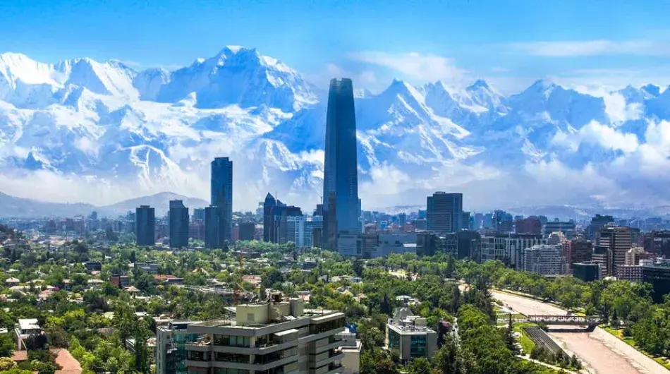 Santiago de Chile panoramic city view with skyscrapers and snowy mountains