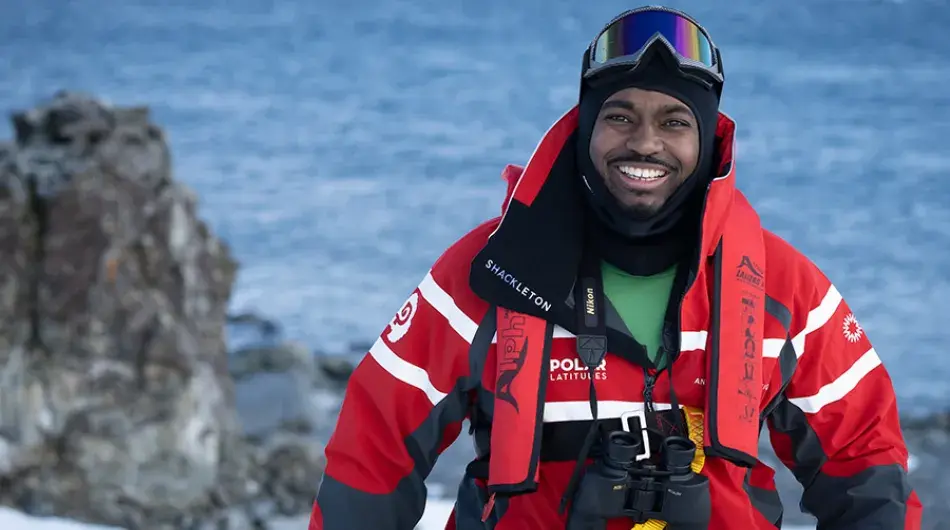 Traveller on Antarctic landing on expedition cruise
