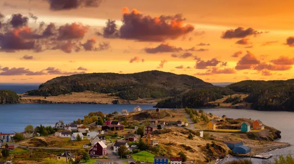 Trinity seaside village and Trinity Bay at sunset in Labrador, Canada