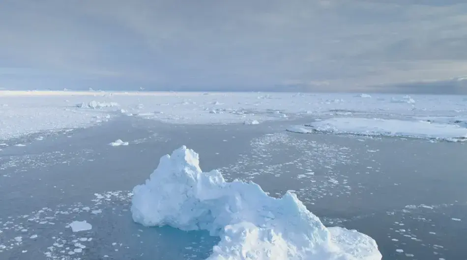 Snowy white Brash Ice aerial view with large iceberg in Antarctica