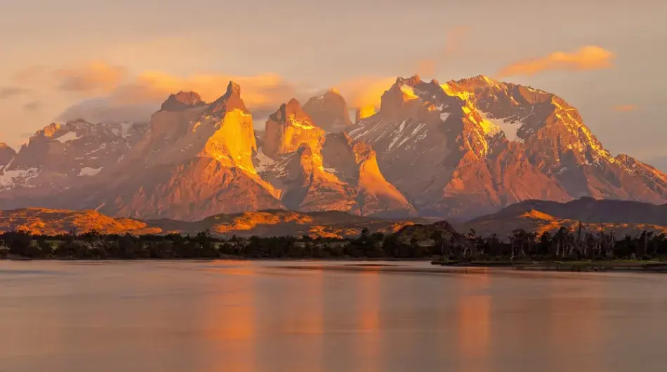 Torres del Paine sunrise from the calm Chilean waters
