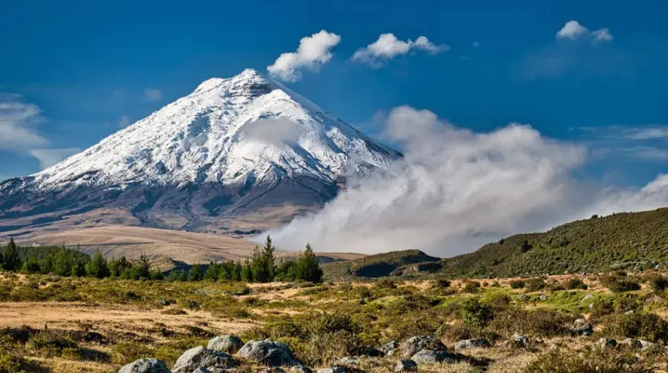 Cotopaxi volcano landscape with snowy peak and smoke column