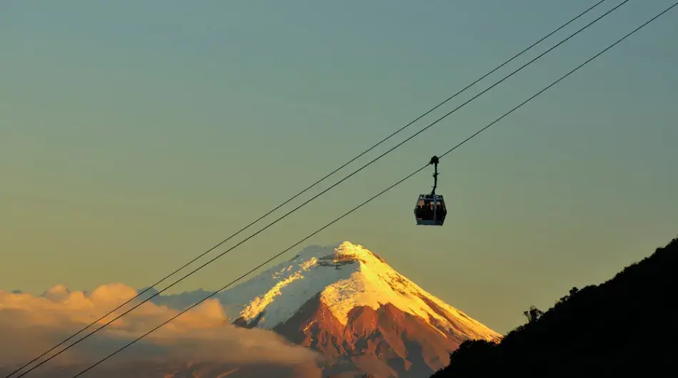 Landscape view of Cotopaxi volcano with cable car in foreground