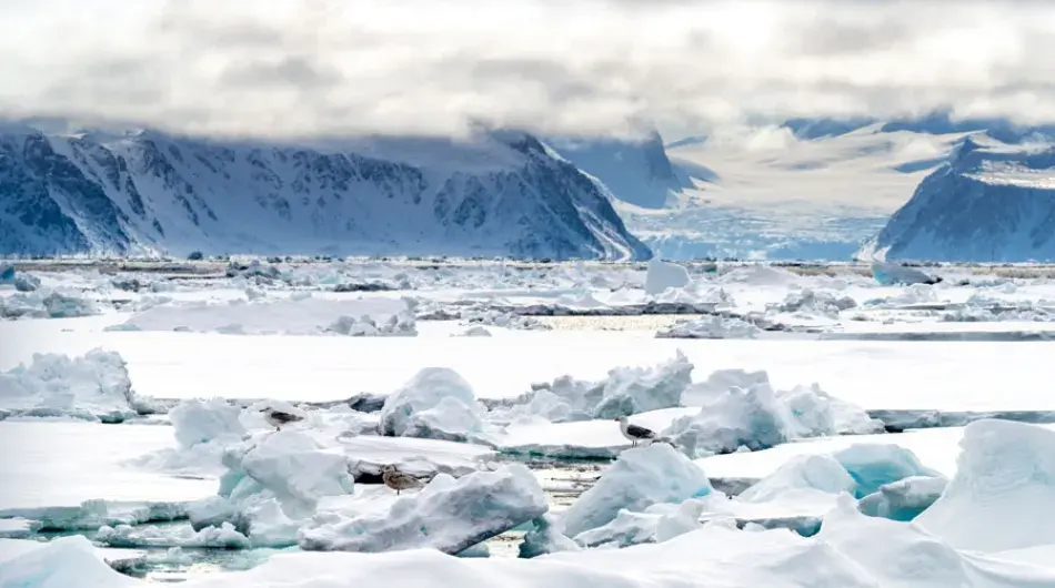 Arctic Pack Ice around bay in Svalbard with snowy mountains in background