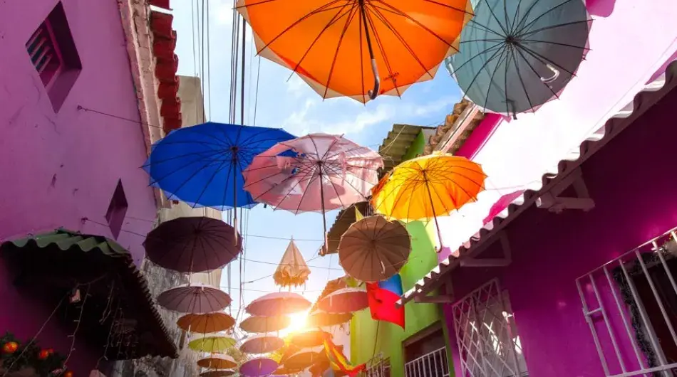 Colourful umbrellas in Colombian street