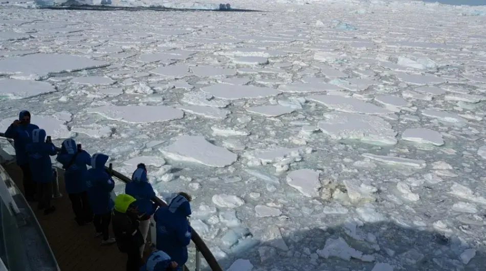 Passengers at the bow of the ship going through sea ice