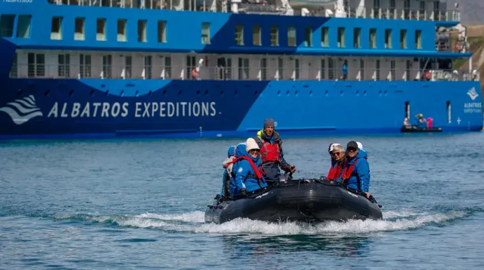 Ocean Albatros Ship with a zodiac in the foreground