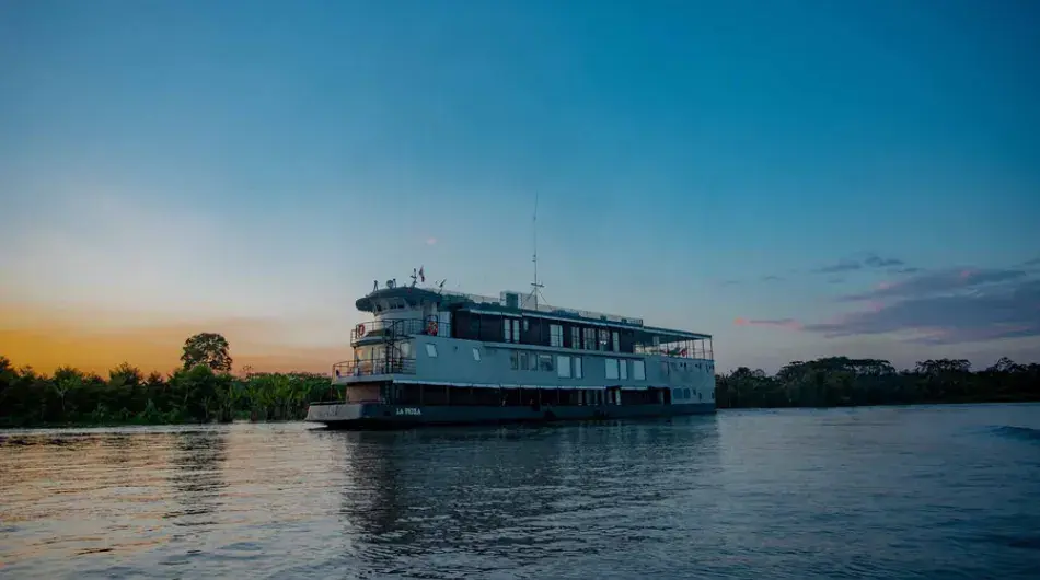 La Perla ship at sunrise on the Amazon River