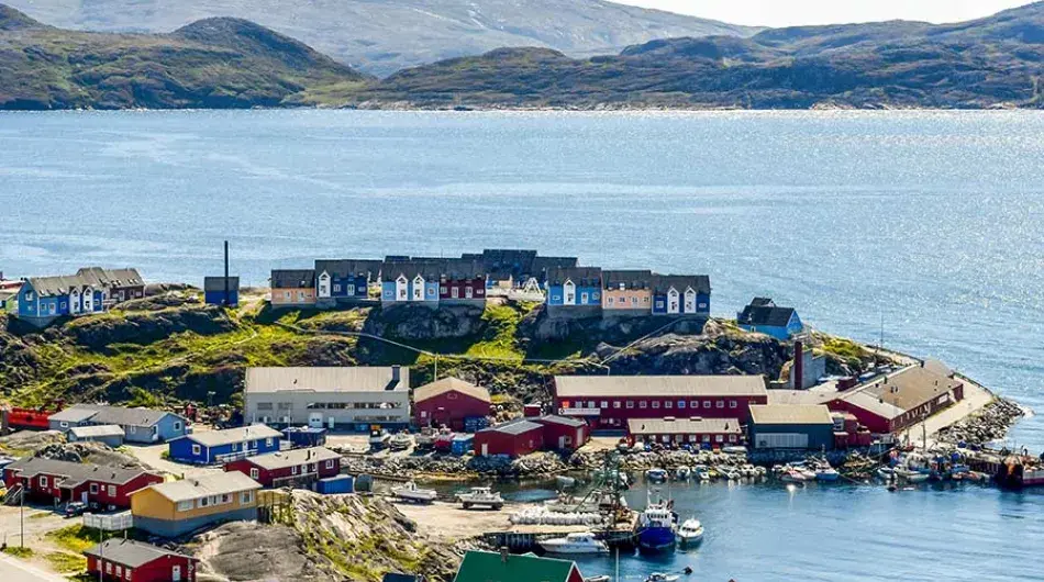 Aerial view of Qaqortoq in the sun, Greenland