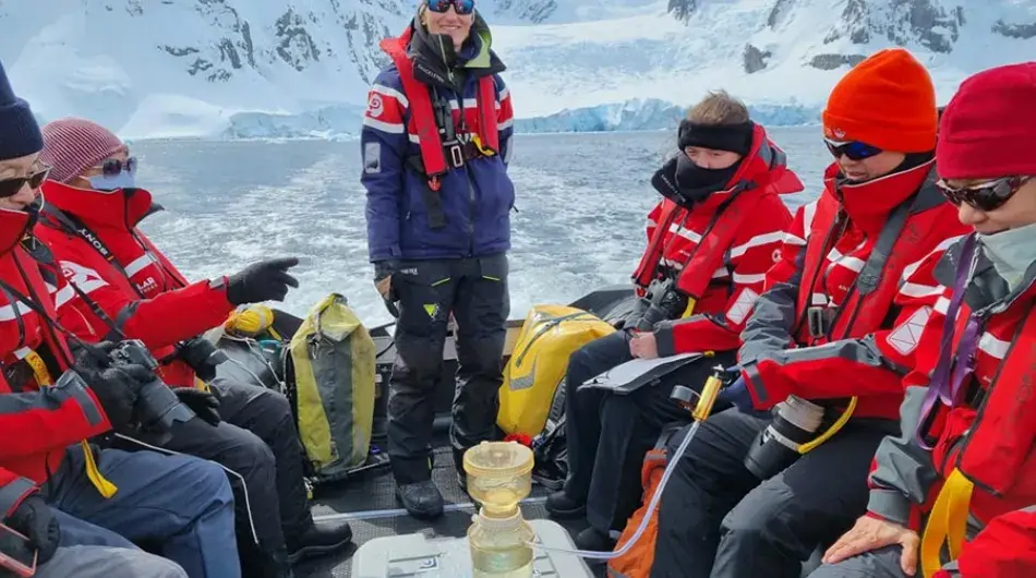 Passengers on zodiac in Antarctica