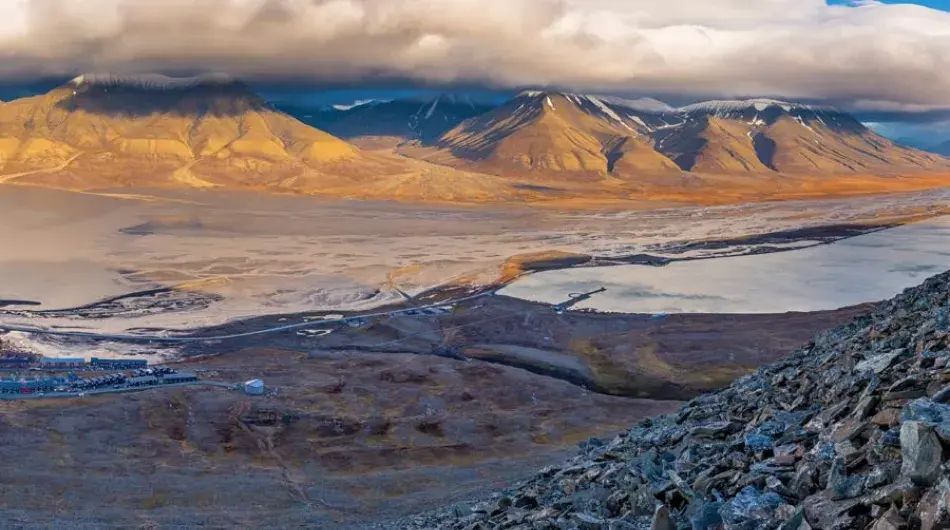 View from elevation looking over an Arctic valley in Svalbard during summer