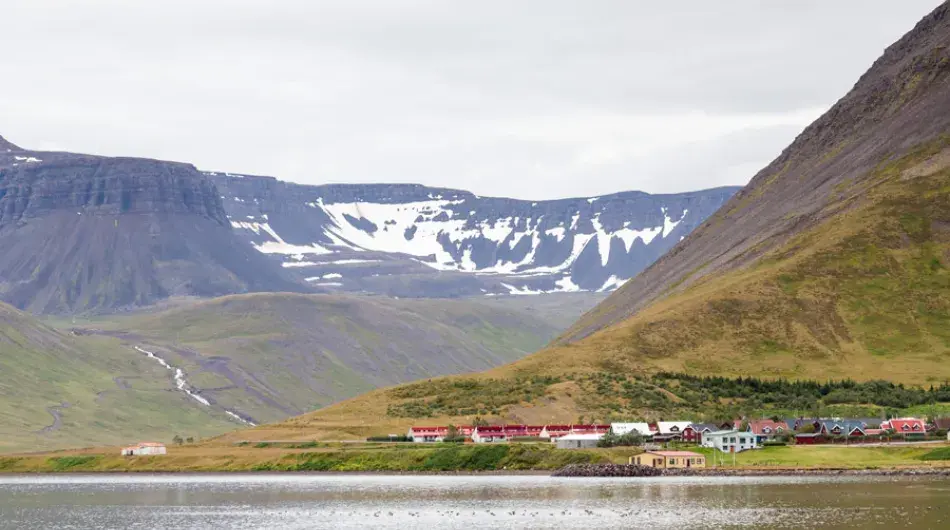Isafjordur with snow in background