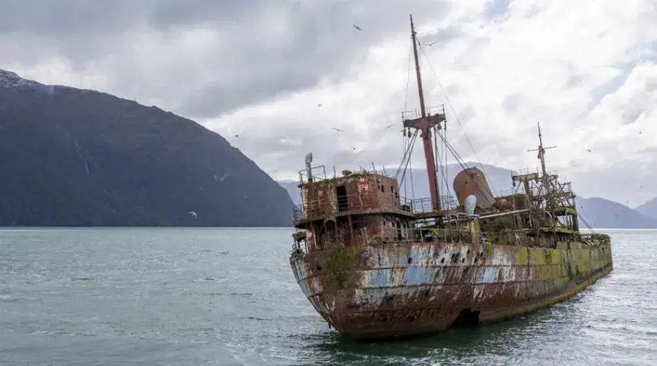Shipwreck ruins of MV Captain Leonidas in Messier Channel, Patagonia