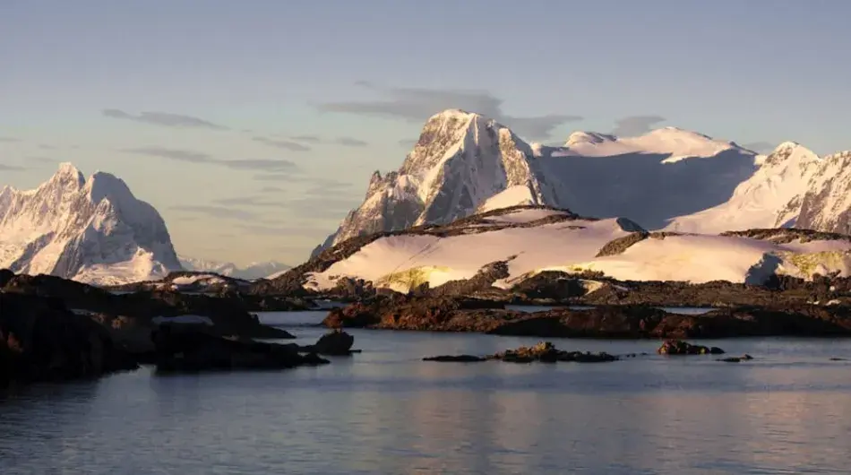 Mountainous landscape of Antarctica at dusk