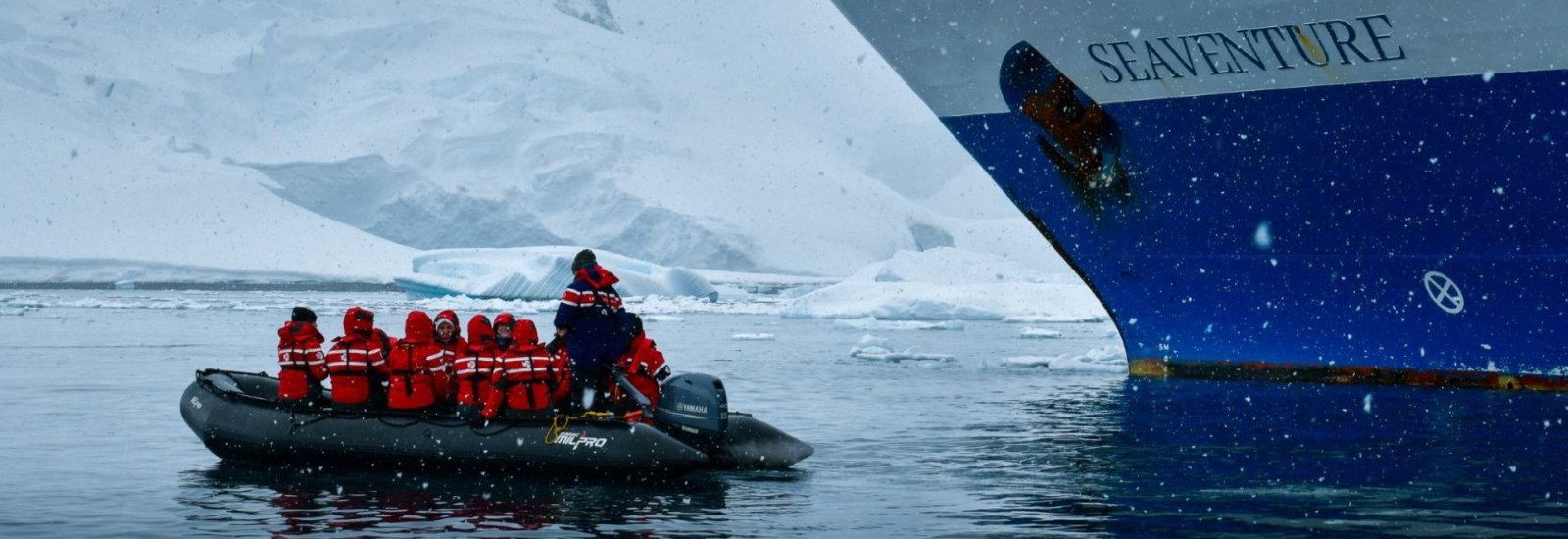 zodiac cruise in front of Seaventure Antarctic ship