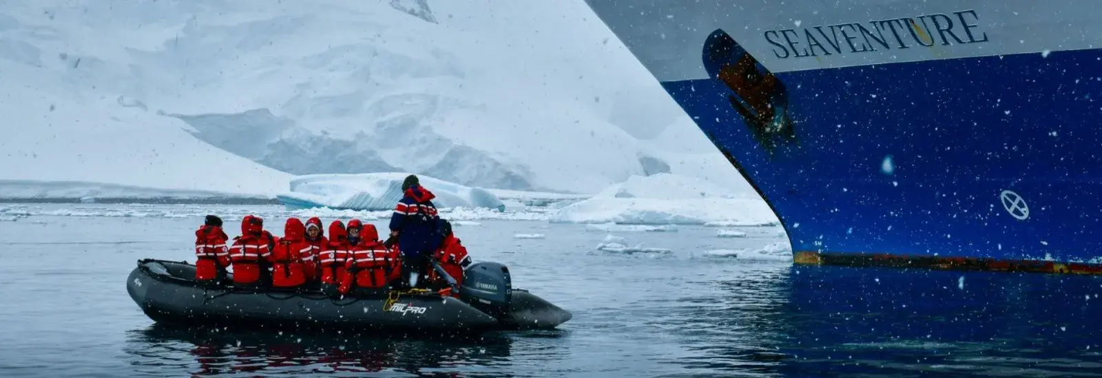 zodiac cruise in front of Seaventure Antarctic ship