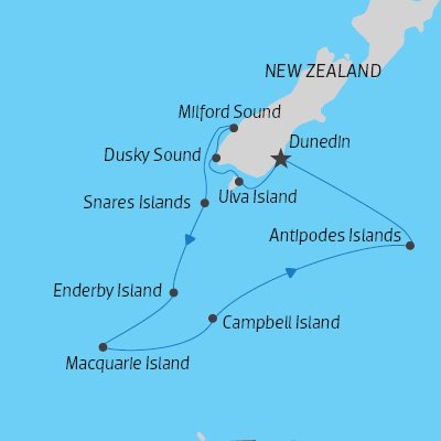 cruise itinerary map from New Zealand to Subantarctic Islands) 