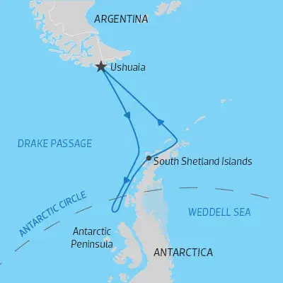 itinerary map for expedition cruise from South America to Antarctic Peninsula crossing the Polar Circle) 