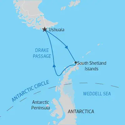 itinerary map for expedition cruise from South America to Antarctic Peninsula) 