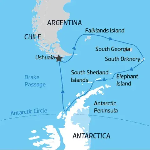 Map of Falklands, South Georgia, Elephant Island & Antarctic Circle voyage on the Hondius) 