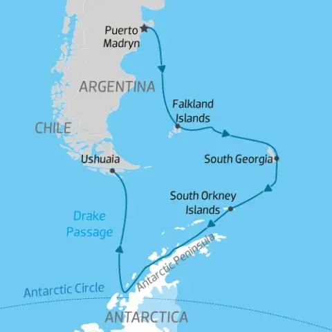 cruise itinerary map from Argentina to Falkalnds, South Georgia & Antarctica) 