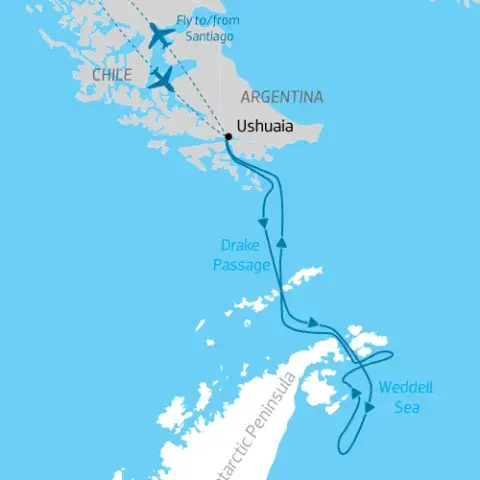 cruise itinerary map of Antarctica to Weddell Sea) 