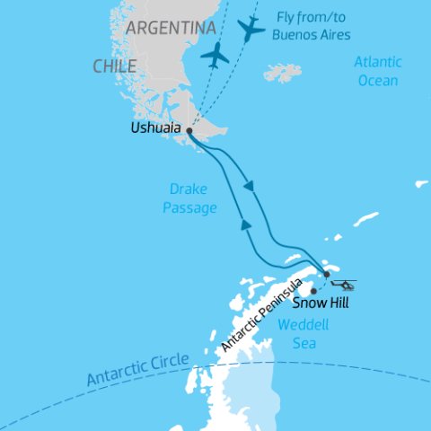 itinerary map for expedition cruise from South America to Snow Hill past the Antarctic Peninsula to the Weddell Sea) 