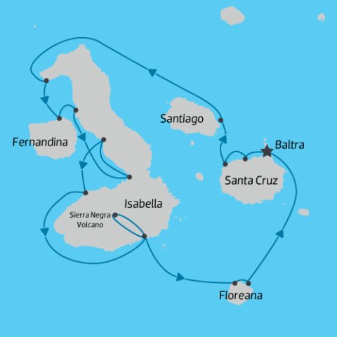Western Islands cruise itinerary map on Galapagos Angel) 