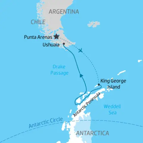 itinerary map for flying from South America to Antarctic Peninsula for expedition cruise) 
