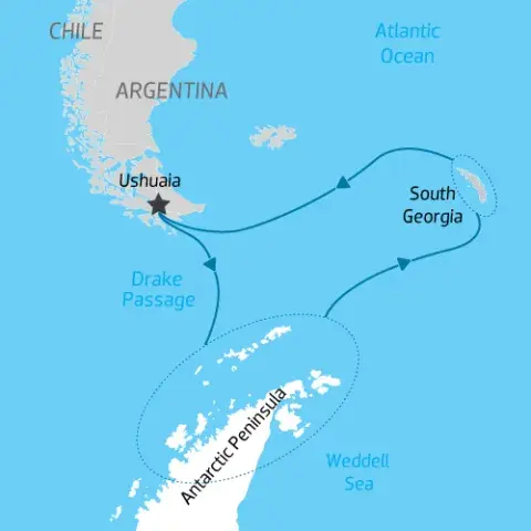 In Shackleton's Footsteps cruise itinerary map ) 
